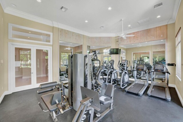 1500 Mariner Bay Blvd Unit 1500, Fort Pierce, FL 34949 - workout area featuring french doors, ornamental molding, baseboards, ceiling fan, and recessed lighting