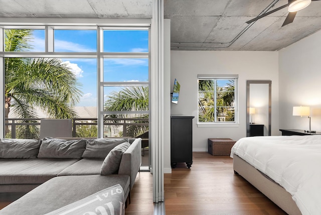bedroom with multiple windows and wood finished floors