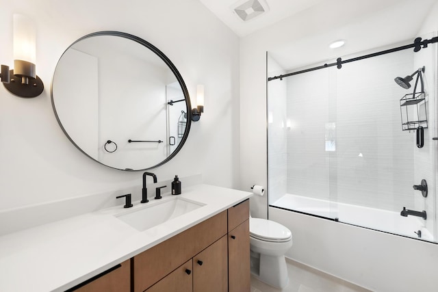 full bath featuring toilet, vanity, visible vents, and shower / bath combination with glass door