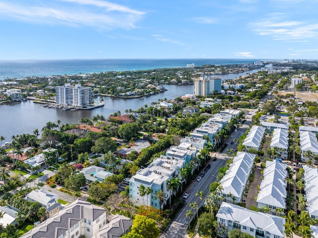 aerial view featuring a water view and a residential view