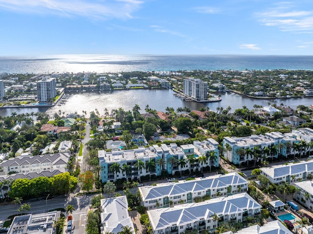 aerial view with a water view and a residential view