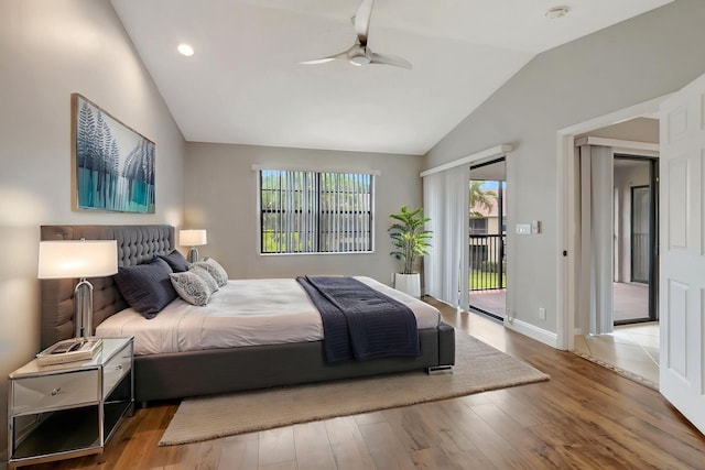 bedroom featuring vaulted ceiling, access to outside, multiple windows, light wood finished floors, and recessed lighting