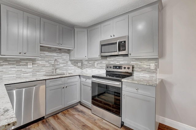 kitchen with stainless steel appliances, a sink, gray cabinetry, light wood finished floors, and a textured ceiling