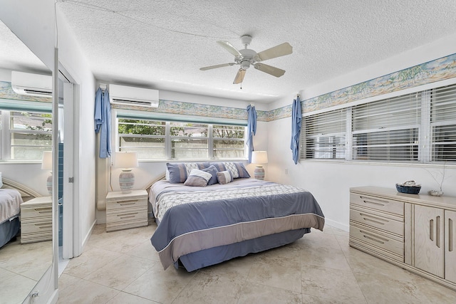 1470 S Ocean Blvd Unit 1201, Lauderdale By The Sea, FL 33062 - bedroom featuring a wall mounted air conditioner, a textured ceiling, baseboards, and ceiling fan