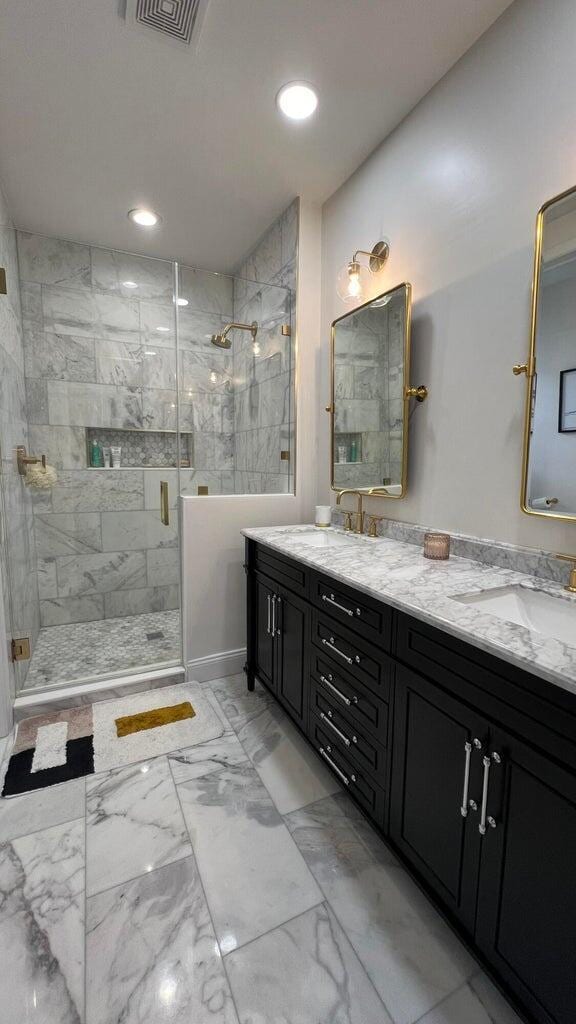203 Evergrene Pkwy, Palm Beach Gardens, FL 33410 - full bathroom with marble finish floors, a stall shower, double vanity, and recessed lighting