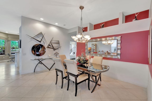 dining area featuring a chandelier, baseboards, light tile patterned floors, and recessed lighting