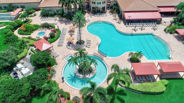 view from above of property featuring a pool