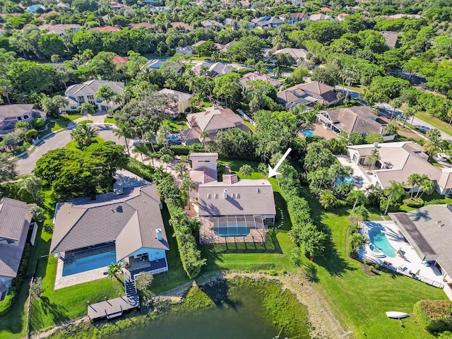 aerial view of residential area featuring a pool area