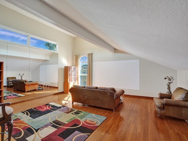 living room featuring vaulted ceiling, wood finished floors, a textured ceiling, and baseboards