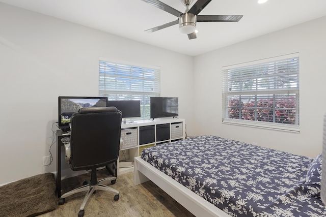 bedroom featuring light wood finished floors, ceiling fan, and a desk