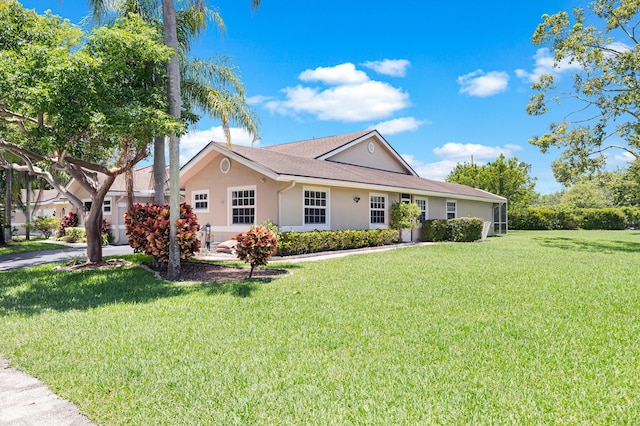 ranch-style house featuring stucco siding and a front yard