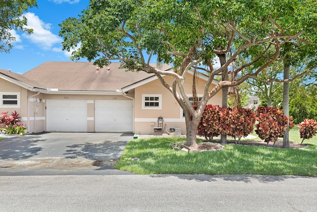 view of front of house with stucco siding, an attached garage, and asphalt driveway