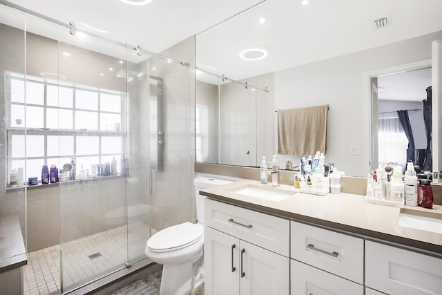 bathroom featuring a shower stall, toilet, and vanity