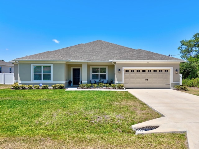 ranch-style house featuring stucco siding, concrete driveway, a garage, and roof with shingles