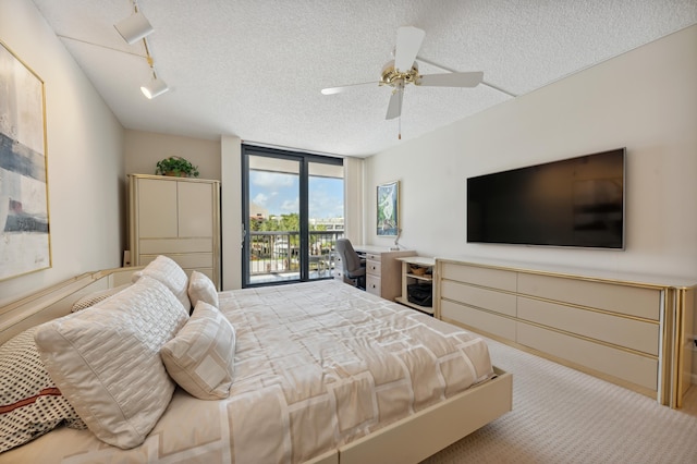 bedroom featuring access to outside, track lighting, carpet floors, a textured ceiling, and an office area