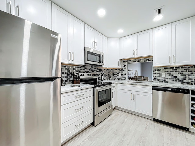 kitchen with appliances with stainless steel finishes, a sink, decorative backsplash, white cabinets, and recessed lighting