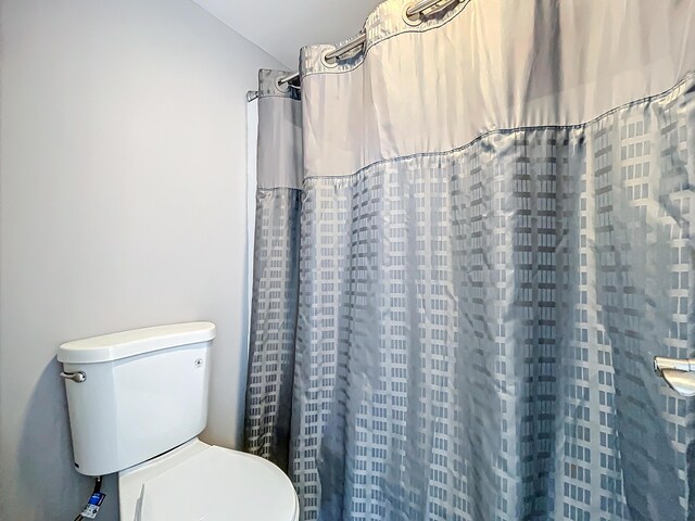 full bathroom featuring toilet, curtained shower, and lofted ceiling