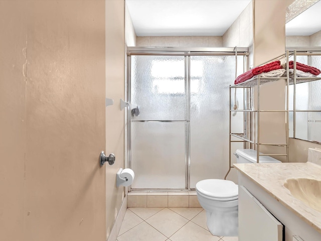 bathroom featuring tile patterned floors, an enclosed shower, toilet, and vanity