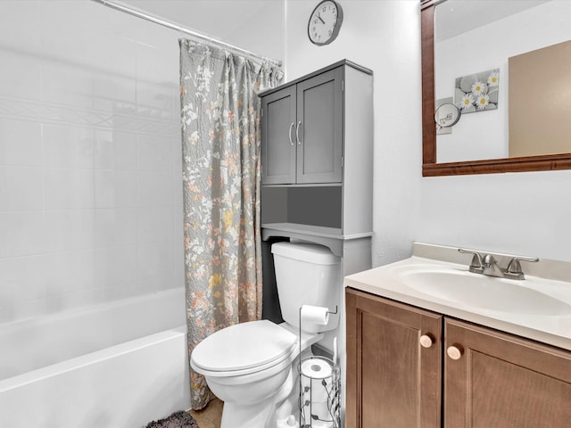 bathroom with toilet, shower / tub combo with curtain, and vanity