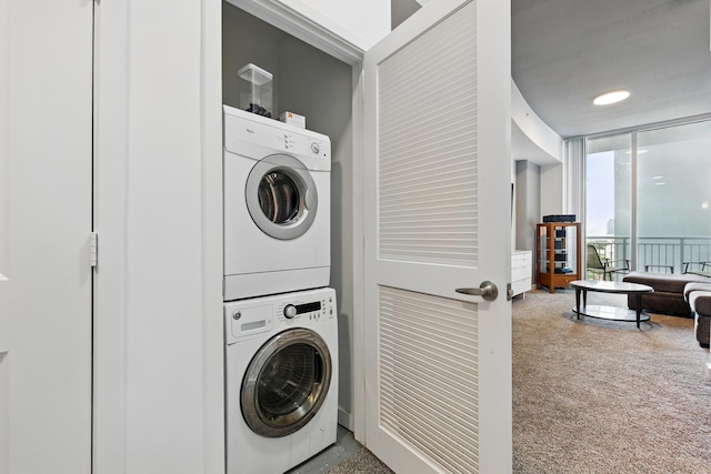 300 S Australian Ave Unit 801, West Palm Beach, FL 33401 - laundry room featuring estacked washer and dryer and carpet