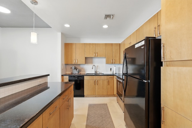 300 S Australian Ave Unit 801, West Palm Beach, FL 33401 - kitchen featuring black appliances, a sink, tasteful backsplash, hanging light fixtures, and recessed lighting