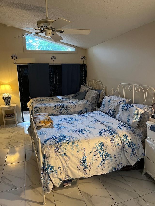 7514 Sierra Dr E, Boca Raton, FL 33433 - bedroom featuring light marble finish flooring, a ceiling fan, a textured ceiling, and lofted ceiling