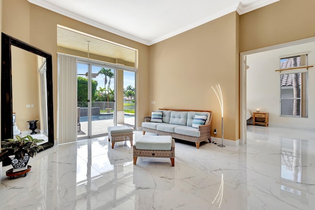 19236 Bay Leaf Ct, Boca Raton, FL 33498 - living area featuring light marble finish flooring, crown molding, and baseboards