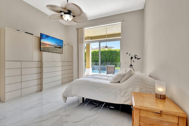 19236 Bay Leaf Ct, Boca Raton, FL 33498 - bedroom with light marble finish floors, access to outside, and ceiling fan