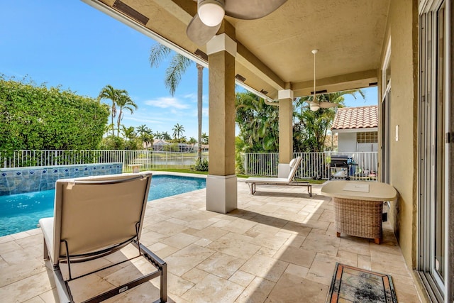 19236 Bay Leaf Ct, Boca Raton, FL 33498 - view of patio / terrace featuring a fenced backyard, a water view, and ceiling fan