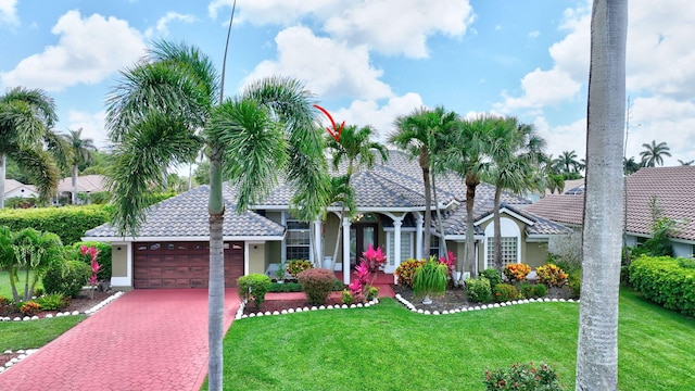 19236 Bay Leaf Ct, Boca Raton, FL 33498 - view of front facade with an attached garage, a front lawn, a tiled roof, driveway, and stucco siding