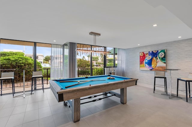 recreation room with billiards, recessed lighting, and tile patterned flooring