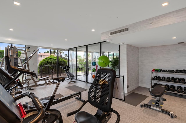 workout area with a wall of windows, healthy amount of natural light, recessed lighting, and carpet