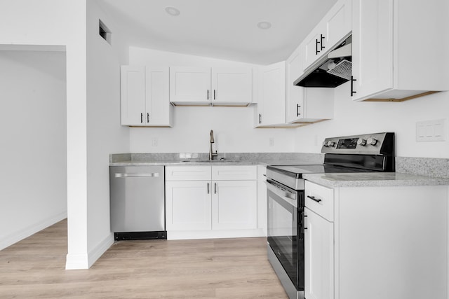 907 Skylark Dr, Fort Pierce, FL 34982 - kitchen with stainless steel appliances, a sink, under cabinet range hood, white cabinetry, and light wood finished floors