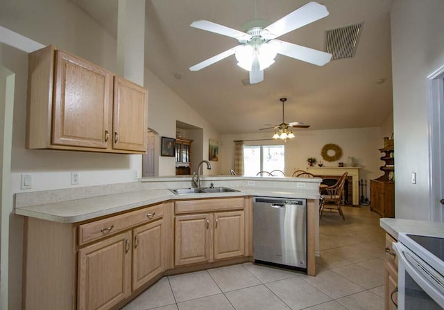 kitchen with stainless steel dishwasher, a sink, light brown cabinets, a ceiling fan, and light countertops