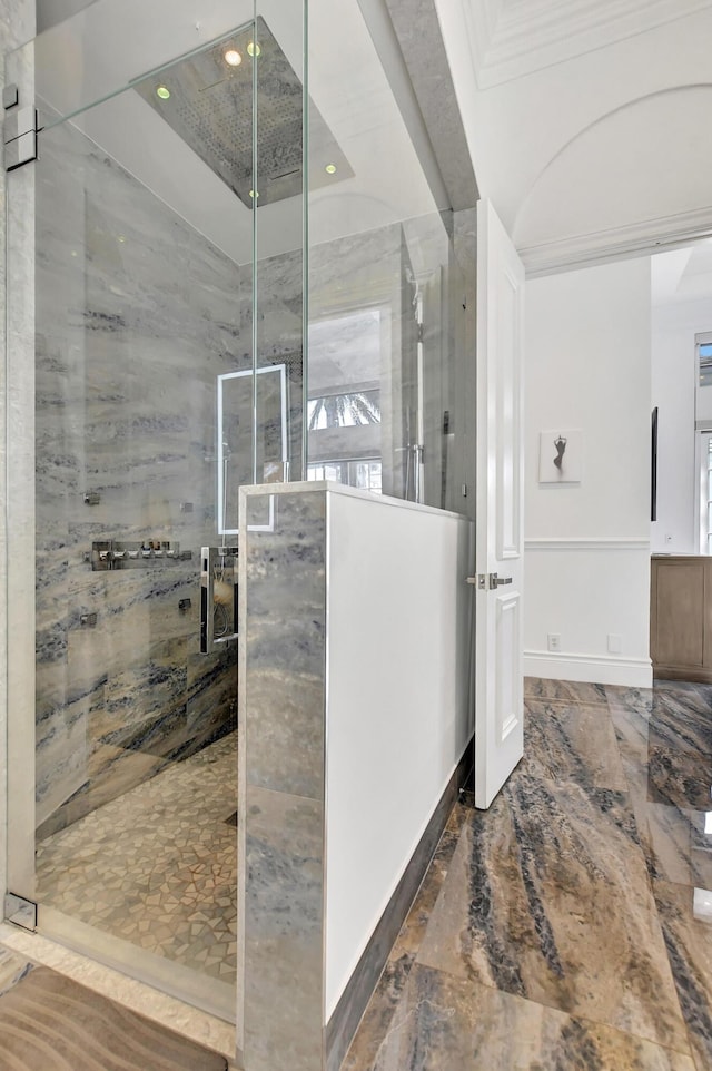 full bath with marble tiled flooring, a marble finish shower, and recessed lighting