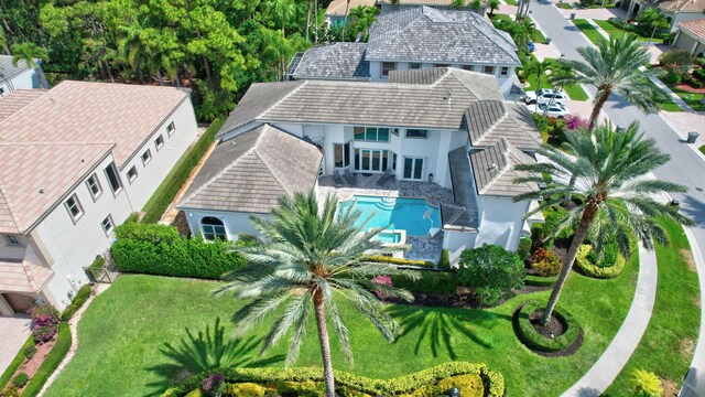 aerial perspective of suburban area with a pool area