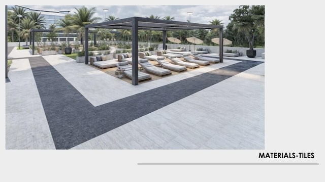 view of patio / terrace with outdoor lounge area and a pergola