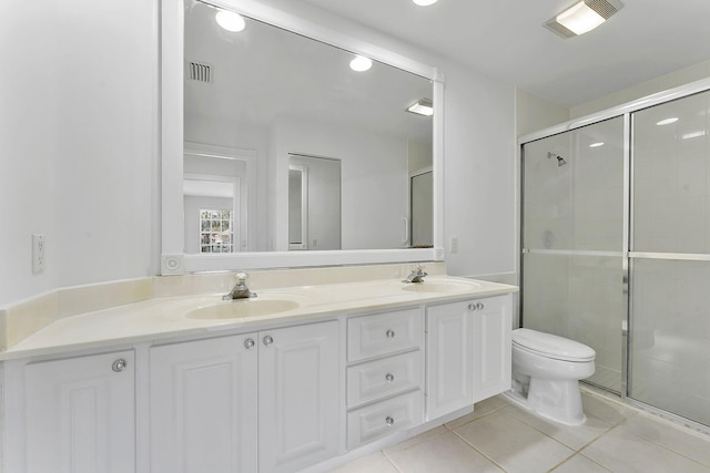bathroom with tile patterned floors, double vanity, a stall shower, toilet, and recessed lighting