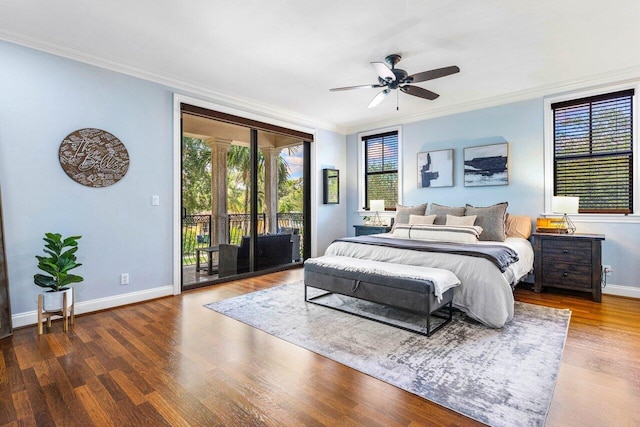 507 SW 17th St, Fort Lauderdale, FL 33315 - bedroom featuring access to exterior, ornamental molding, baseboards, wood finished floors, and ceiling fan