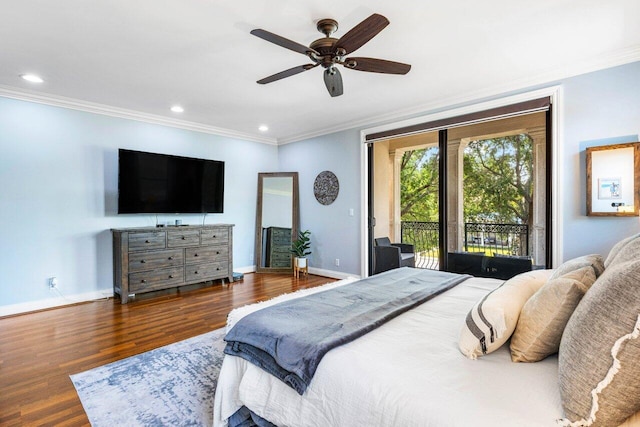 507 SW 17th St, Fort Lauderdale, FL 33315 - bedroom with crown molding, access to outside, baseboards, wood finished floors, and recessed lighting