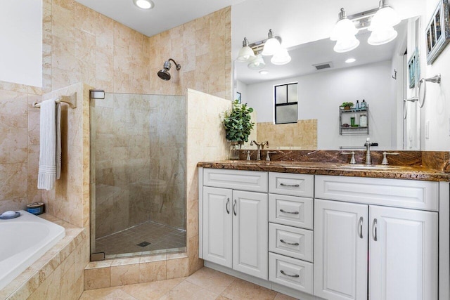 507 SW 17th St, Fort Lauderdale, FL 33315 - bathroom with a tile shower, a bath, double vanity, and tile patterned floors