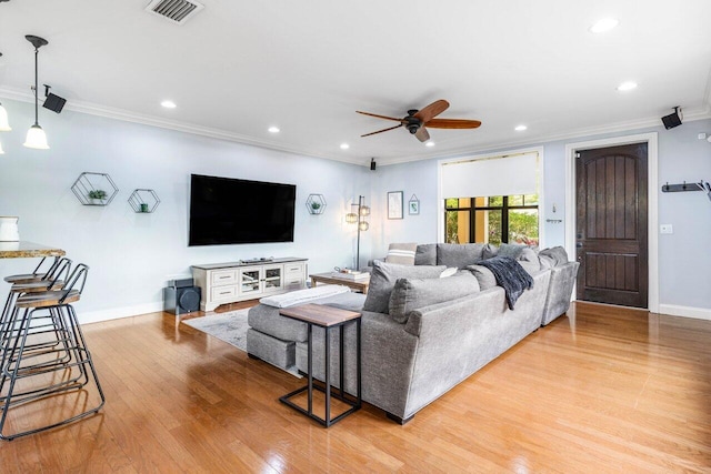 507 SW 17th St, Fort Lauderdale, FL 33315 - living area with ceiling fan, light wood-style flooring, ornamental molding, recessed lighting, and baseboards