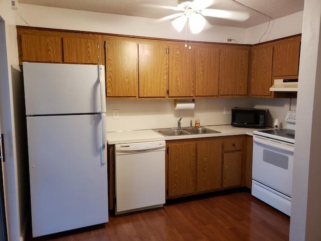 kitchen featuring white appliances, under cabinet range hood, ceiling fan, a sink, and light countertops