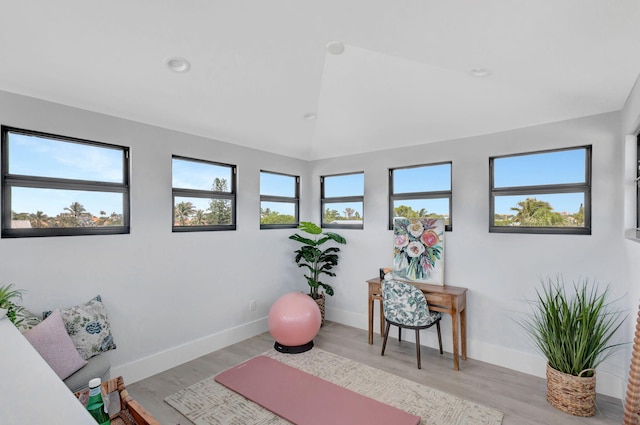 exercise room featuring wood finished floors, baseboards, and recessed lighting
