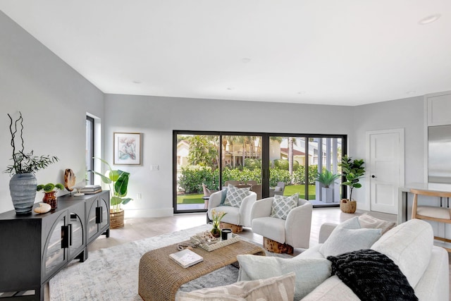 living room featuring wood finished floors and baseboards
