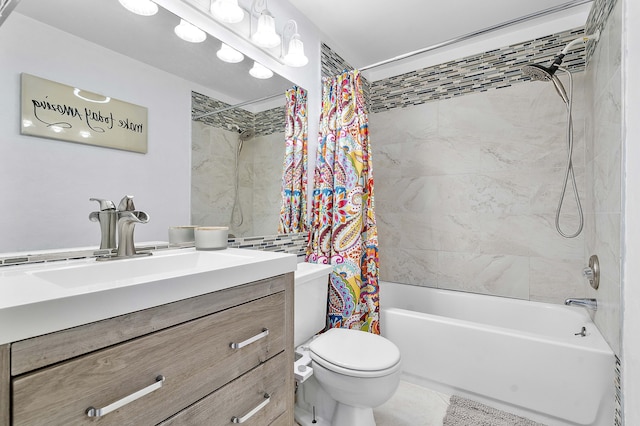 full bathroom featuring shower / bath combination with curtain, toilet, tile patterned flooring, and vanity