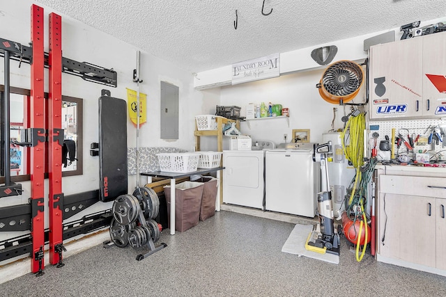 garage featuring washer and dryer, electric panel, and electric water heater