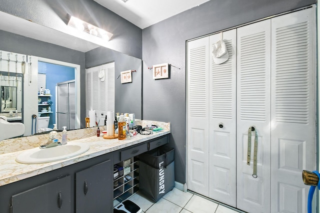 1402 SE Buckingham Ter, Port Saint Lucie, FL 34952 - full bathroom featuring a closet, tile patterned floors, vanity, and a stall shower