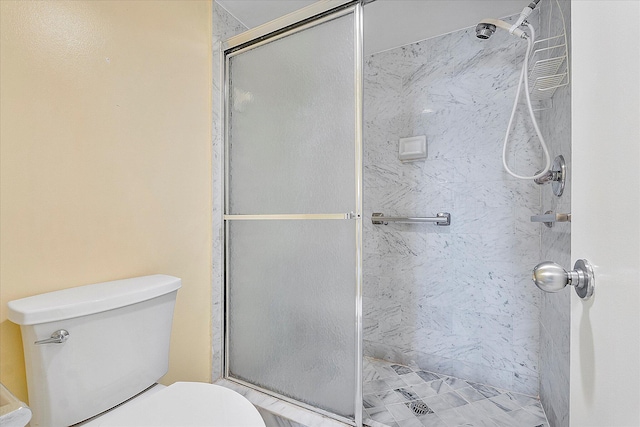 bathroom with a stall shower and toilet