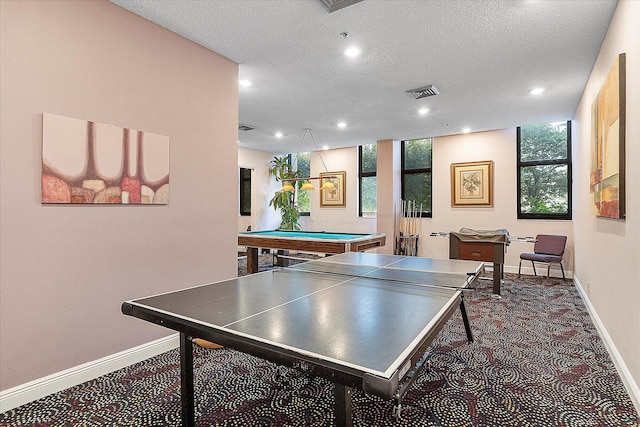 playroom with baseboards, healthy amount of natural light, recessed lighting, a textured ceiling, and pool table
